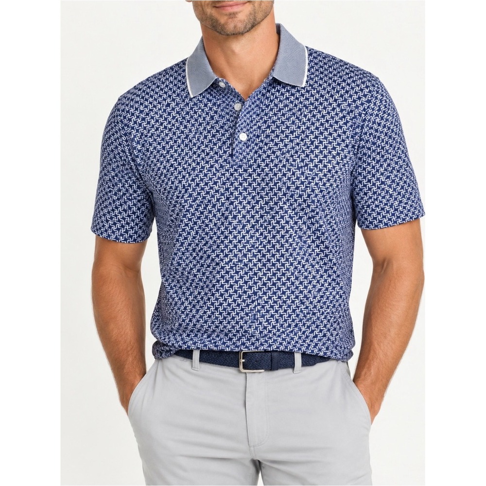 Hickey Freeman Golf Polo Mens XL Blue White Geometric HEST861C0012 Excellent